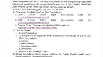 Pemkab Bekasi Buka Seleksi Direksi Perumda Tirta Bhagasasi 2025, Aktivis: Hapus Dosa Masa Lalu Atau Legitimasi Jalur Pintas?